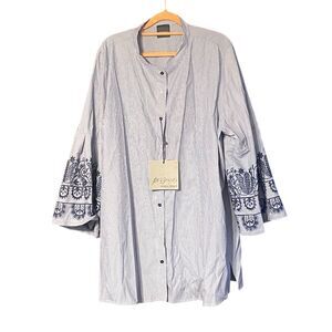 Marina Rinaldi Women's Blue Floral Embroidered Tunic Blouse Size 50